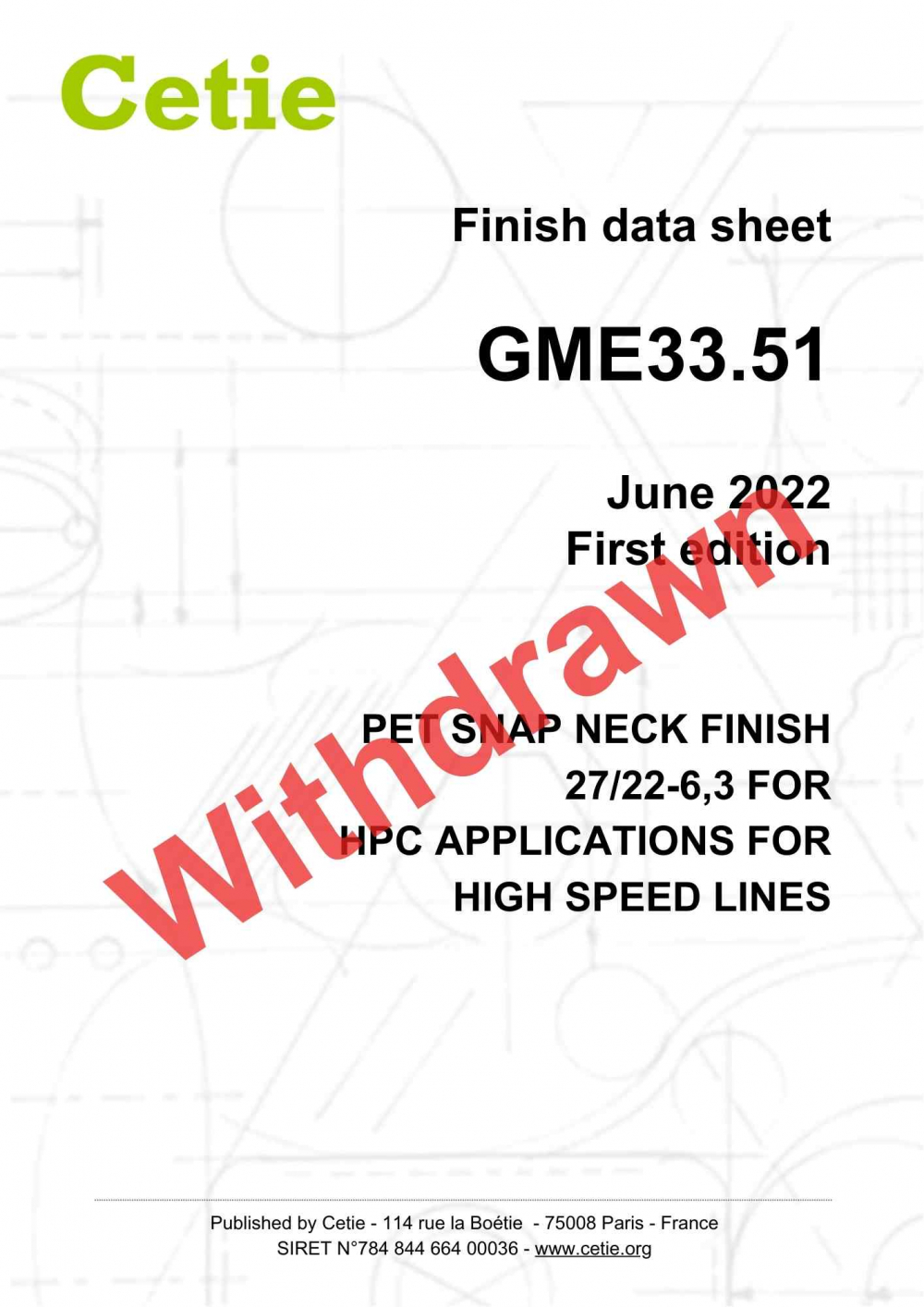 Cover - GME33.51 - PET snap neck finish 27/22-6,3 for HPC applications for high speed lines
