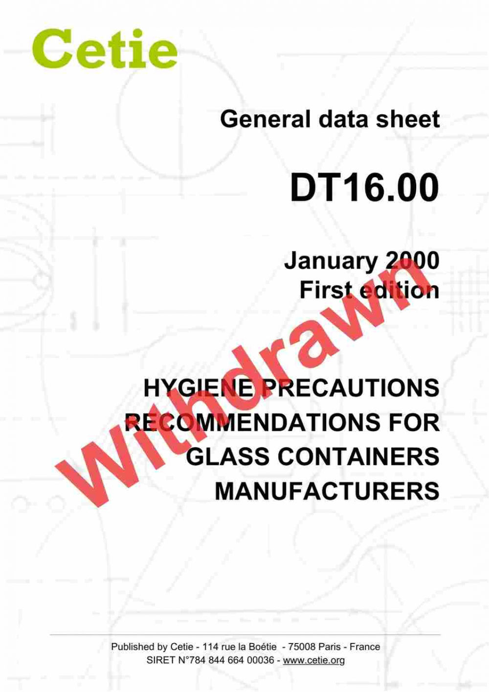 Cover - DT16.00 - Hygiene precautions - Recommendations for glass containers manufacturers