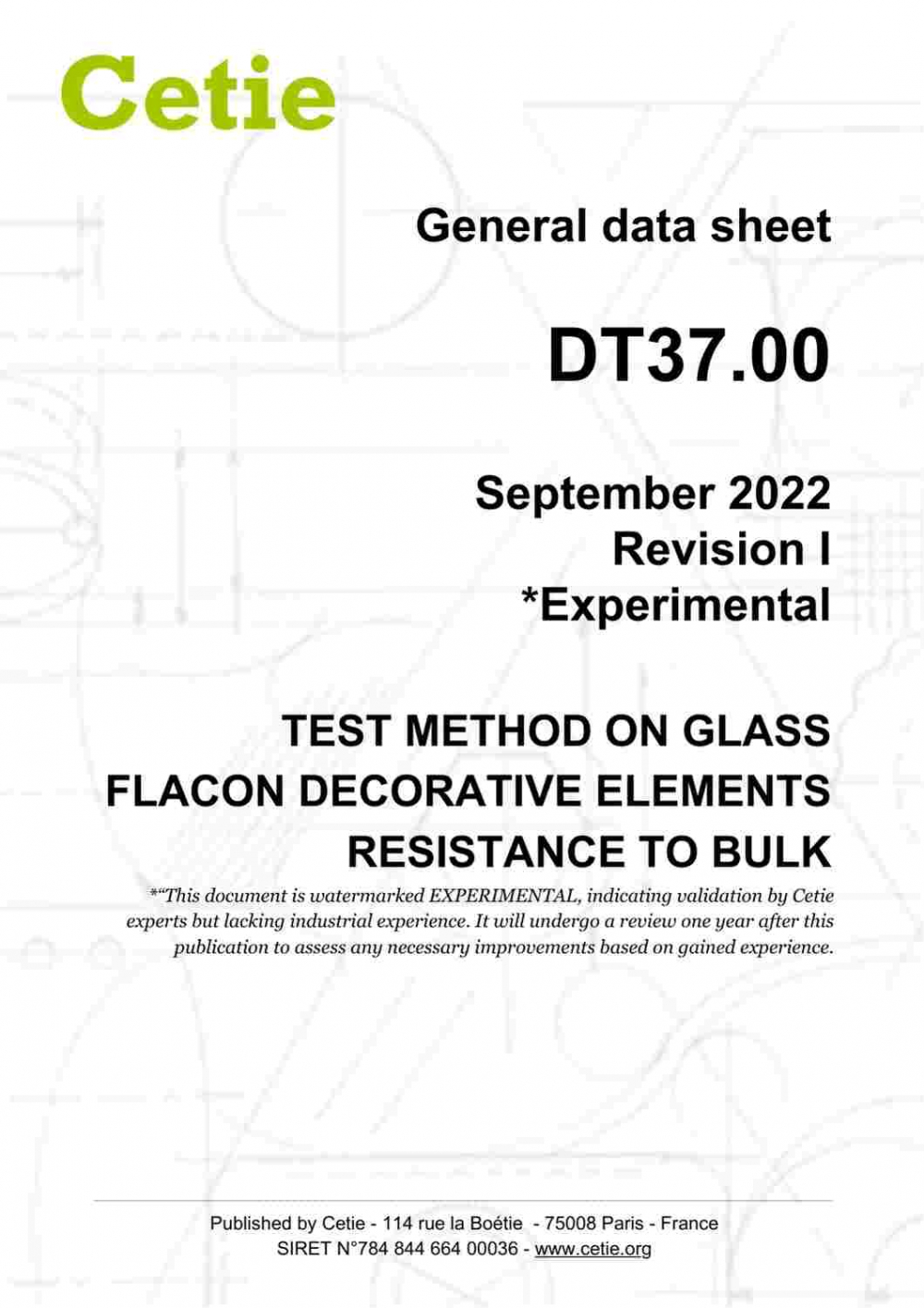 Cover - DT37.00 - Test method on glass flacon decorative elements - Resistance to bulk