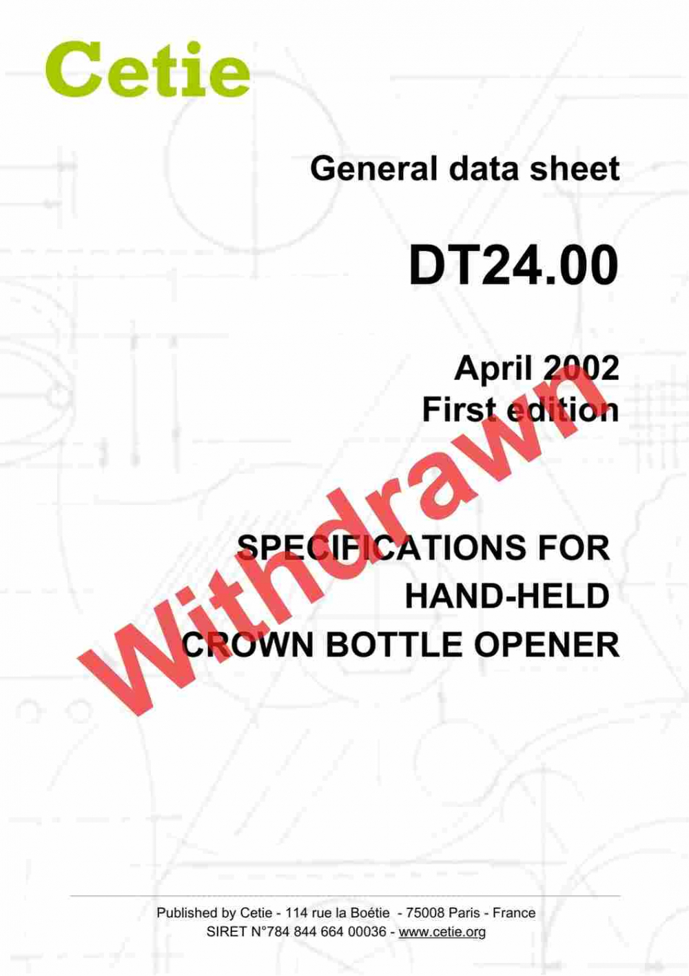 Cover - DT24.00 - Specifications for hand-held crown bottle opener
