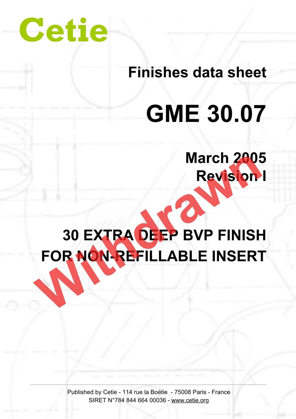 Cover - GME30.07 - 30 extra deep BVP finish for non-refillable insert
