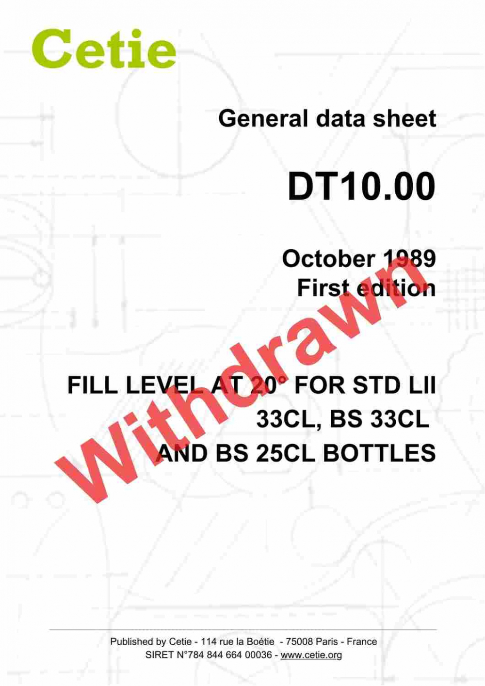 Cover - DT10.00 - Fill level at 20° for std iii 33cl, bs 33cl and bs 25cl bottles
