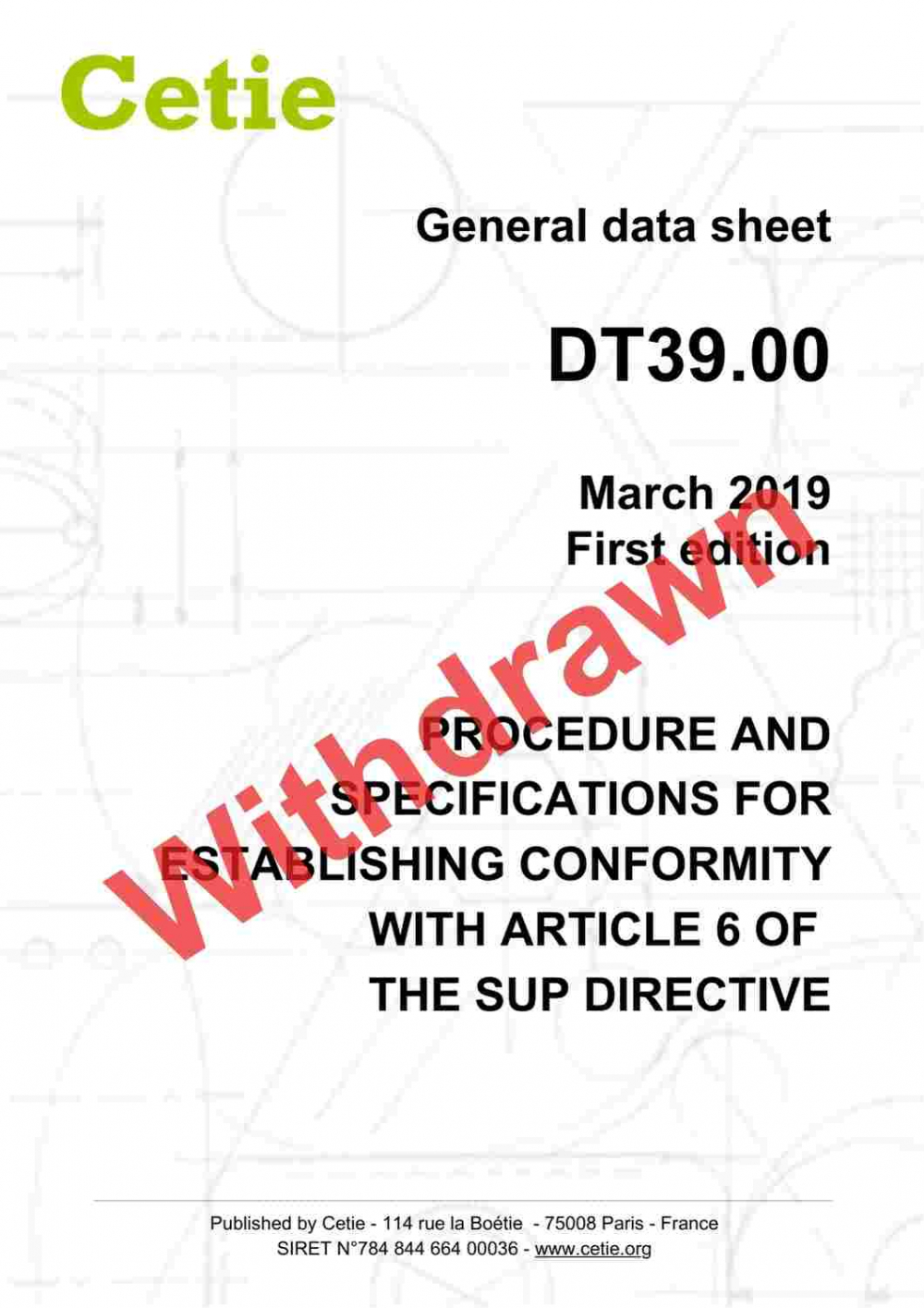Cover - DT39.00 - Procedure and specifications for establishing conformity with article 6 of the SUP directive