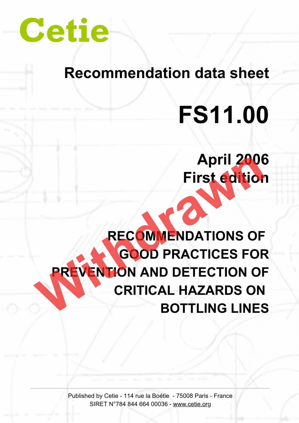 Cover - FS11.00 - Recommendations of good practices for prevention and detection of critical hazards on bottling lines