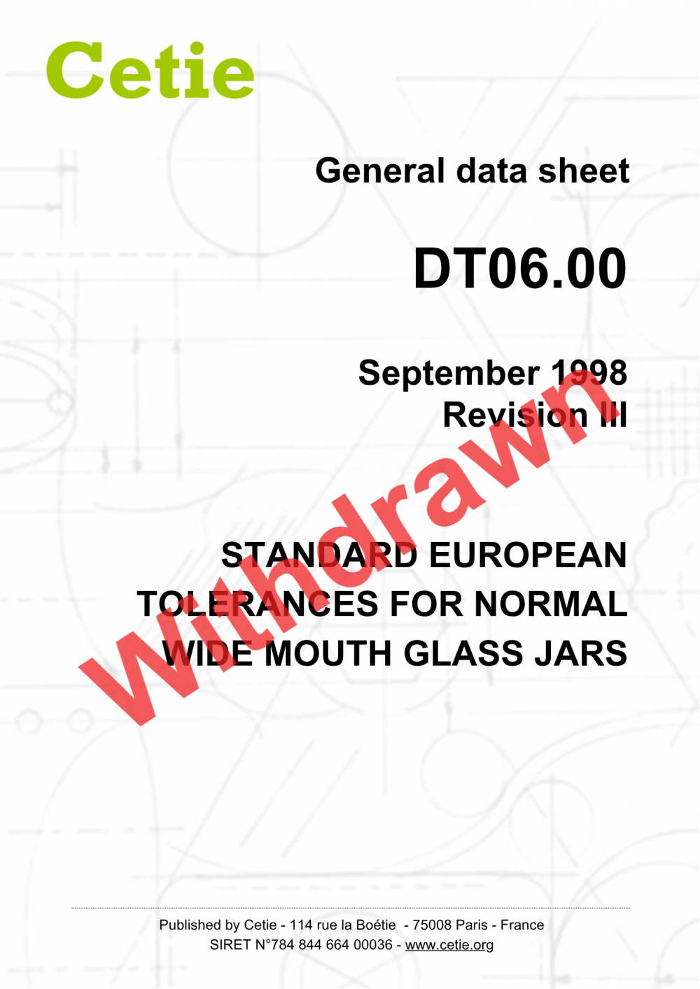 Cover - DT06.00 - Standard European tolerances for normal wide mouth glass jars 