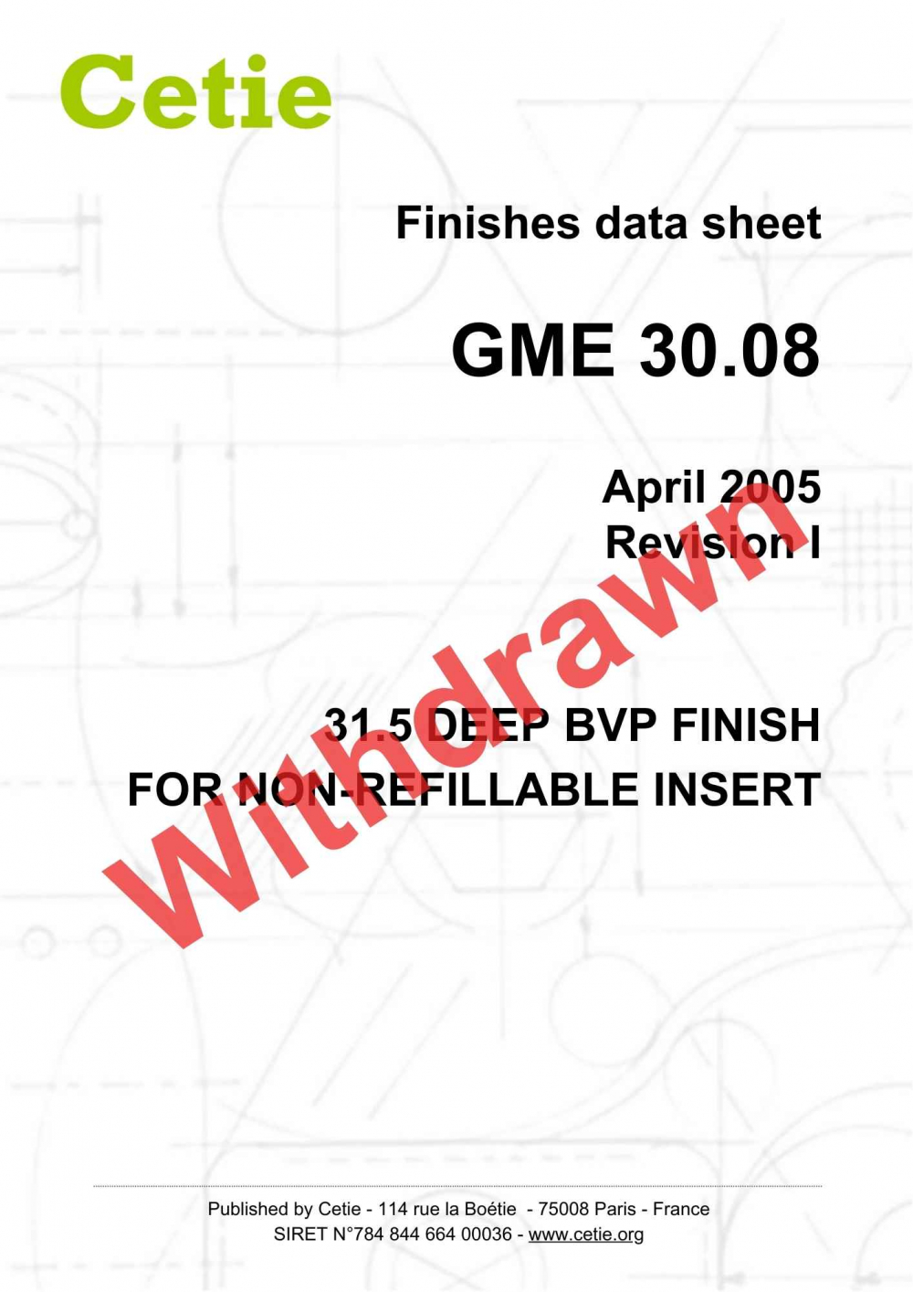 Cover - GME30.08 - 31.5 deep BVP finish for non-refillable insert