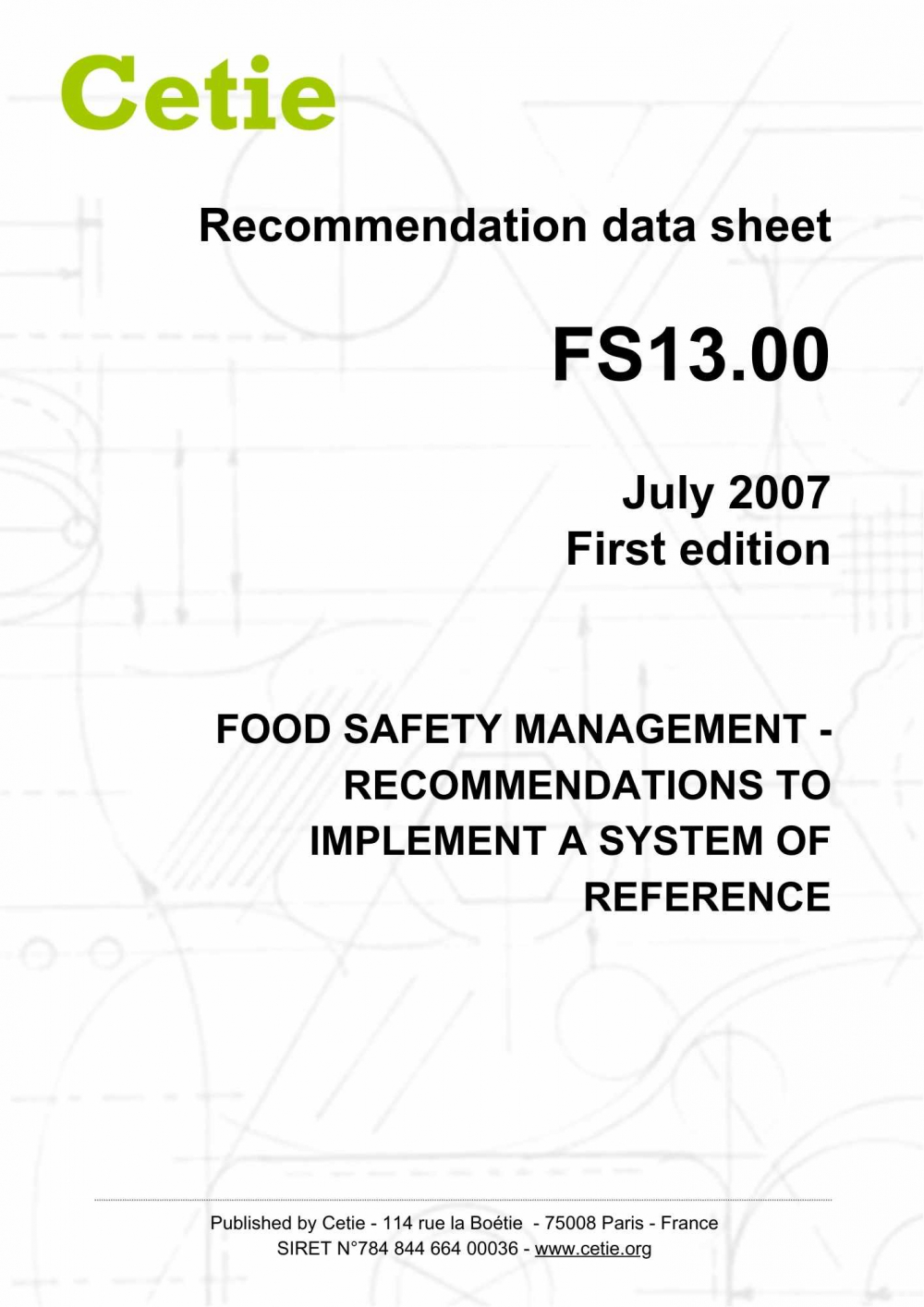Cover - FS13.00 - Food safety management - Recommendations to implement a system of reference