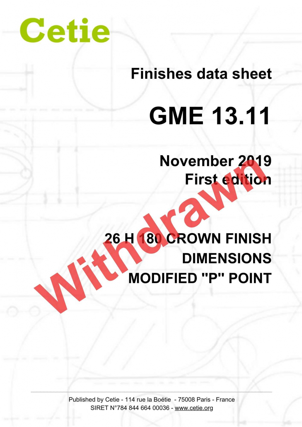 Cover - GME13.11 - 26H180 crown finish - Dimensions - alternative \'P\' point