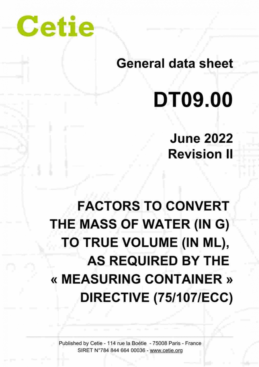 Cover - DT09.00 - Factors to convert the mass of water (in g) to true volume (in ml), as required by the « measuring container » Directive (75/107/ECC)