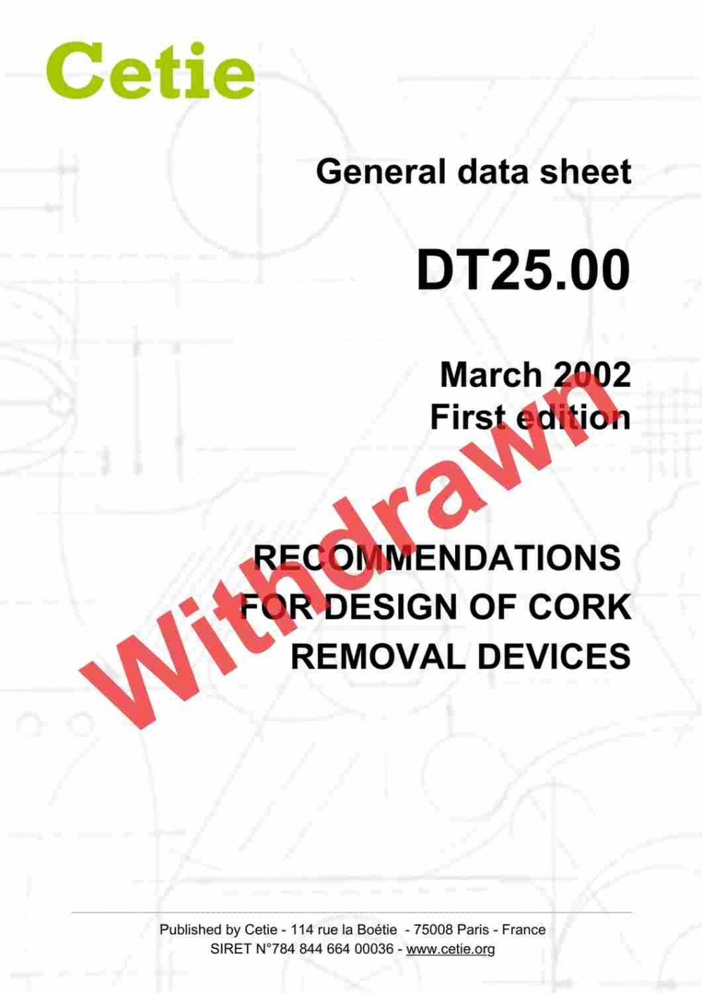 Cover - DT25.00  - Recommendations for design of cork removal devices